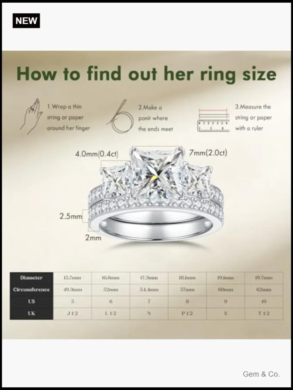 2.8CTTW Princess Cut Moissanite 3 Stone Engagement Wedding Ring Set Size 5-10